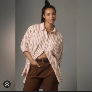 28-Pilcro Red Pink and Cream Striped Casual Button Down Shirt 💯 Cotton